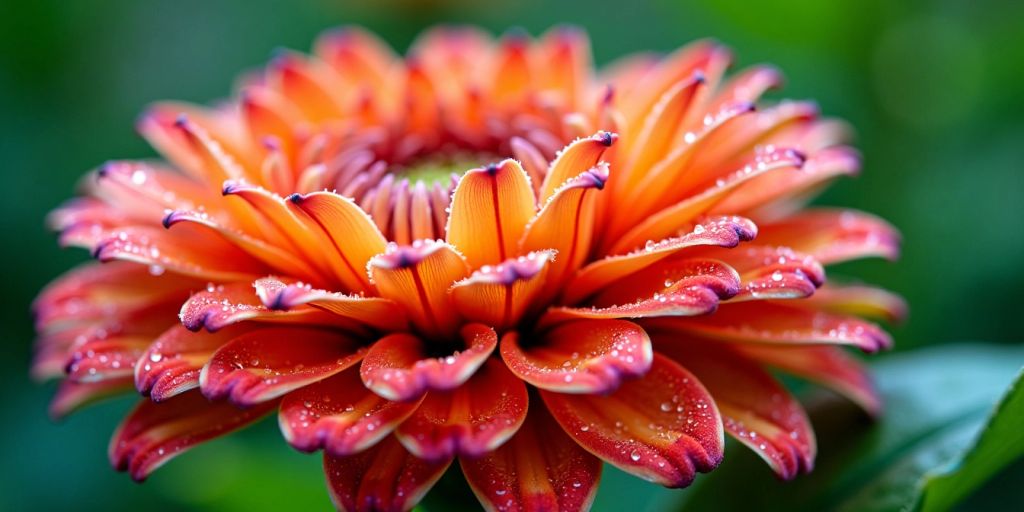 Close-up of a colorful flower with dew drops.